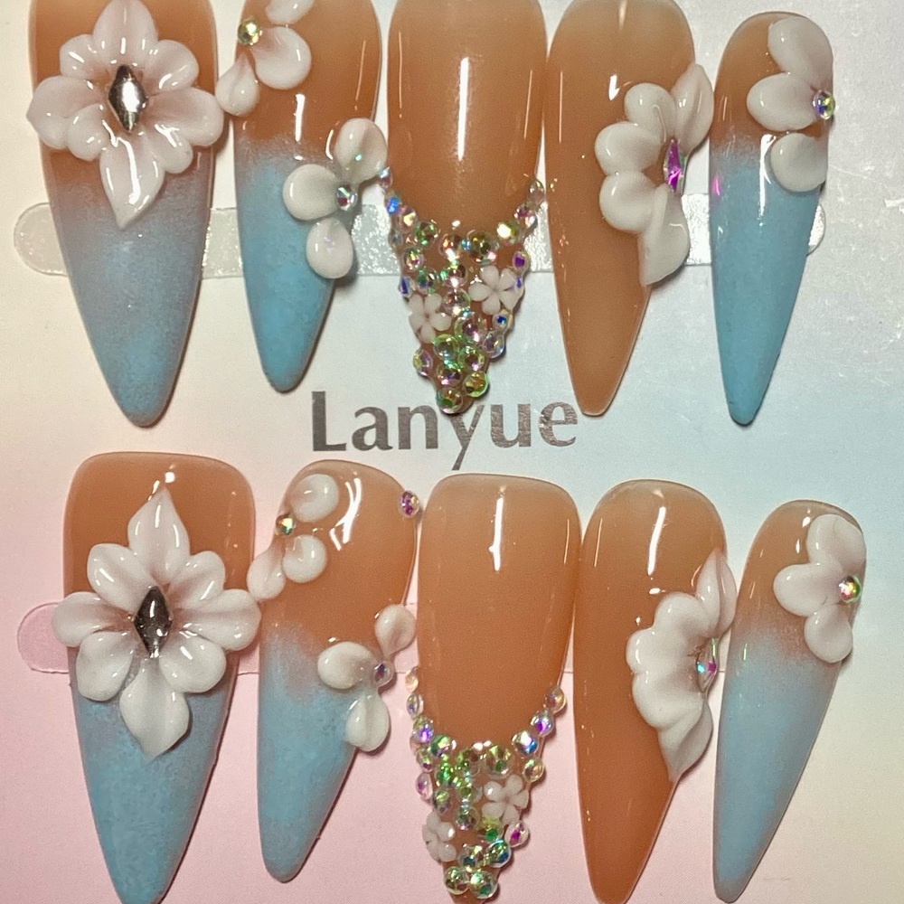 Gorgeous 3D Flower Gem French Tip Handmade Stiletto Press-On Nails Size M L